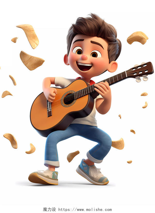 吉他招生3D卡通迪士尼风格小男孩弹吉他的场景